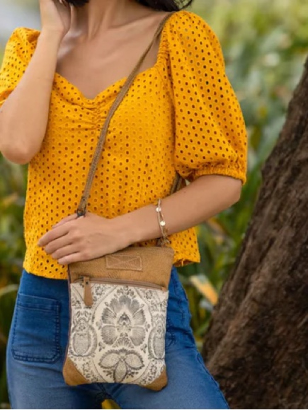 Boho Crossbody Bag– Floral Accent Canvas with Genuine Leather Accents